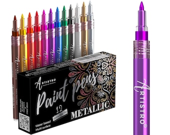 12 Metallic Acrylic Paint Pens Extra-Fine Tip for Rock Painting, Kids Craft, Family painting, Kids activities, Wood Art, Glass Art