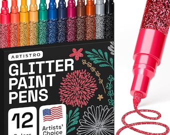 May include: A set of 12 glitter paint pens in various colors, including red, blue, green, gold, and silver. The pens are in a box with the words "Glitter Paint Pens" and "12 Colors" on it. The box also has a small American flag and the words "Artists' Choice".
