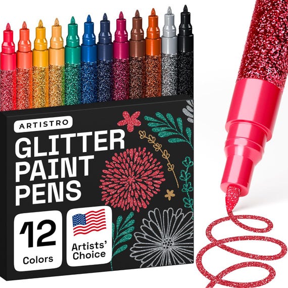12 Acrylic Glitter Paint Pens (Extra-Fine Tip) for Rock Painting, Wood, Metal, Fabric, Canvas, Paper Projects