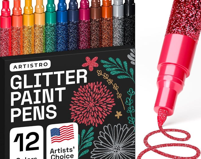 12 Acrylic Glitter Paint Pens (Extra-Fine Tip) for Rock Painting, Wood, Metal, Fabric, Canvas, Paper Projects
