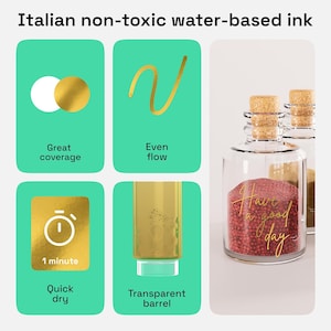 May include: A close-up of a gold ink bottle with a clear glass barrel and a cork top. The bottle is filled with red glitter and has the text "Have a good day" written in gold lettering. The ink is described as non-toxic, water-based, and made in Italy. The image also shows the ink's coverage, flow, drying time, and barrel transparency.