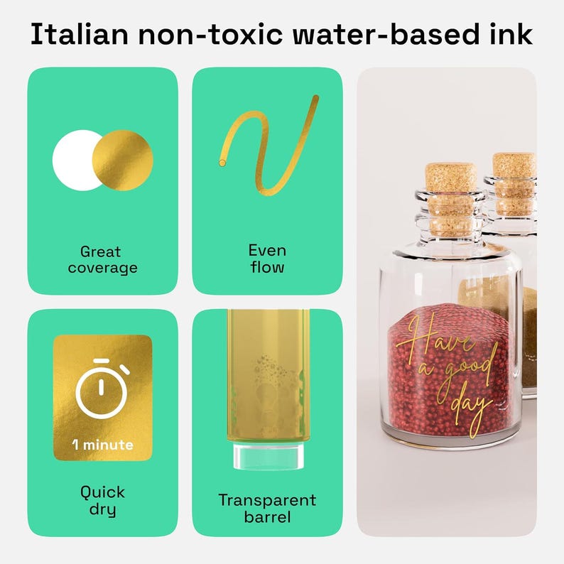 May include: A close-up of a gold ink bottle with a clear glass barrel and a cork top. The bottle is filled with red glitter and has the text "Have a good day" written in gold lettering. The ink is described as non-toxic, water-based, and made in Italy. The image also shows the ink's coverage, flow, drying time, and barrel transparency.