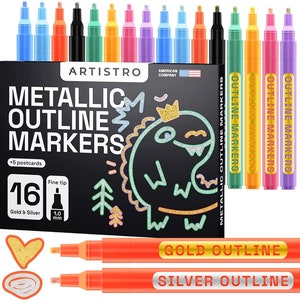 Contourmarkeringen, 16 contourpennen, 5 kaarten, goud- en zilvermetalen contourstiften, dubbele lijnstiften, metallic zelfomtrekmarkeringen