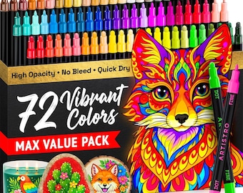 72 Acrylic Paint Pens Dual Tip Dot + Fine, Acrylic Paint Markers, Fabric Markers for Textile, Canvas, Rock, Glass, Wood, Paper, DIY