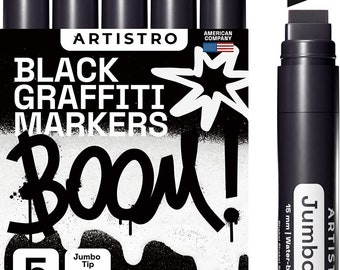 Marqueurs Graffiti, 5 marqueurs noirs Jumbo, pointe feutre Jumbo 15 mm, marqueurs de peinture acrylique pour peinture rupestre, pierre, céramique, verre, bois, toile