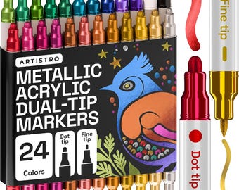 24 Metallic Dual Tip (Dot + Fine) Acrylic Paint Pens for Rock Painting, Kids Craft, Family painting, Kids activities, Wood Art, Glass Art