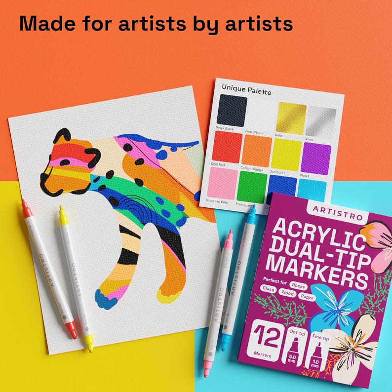 May include: A set of 12 dual-tip acrylic markers with a fine tip and a dot tip. The markers are perfect for use on glass, wood, rocks, and paper. The packaging features a colorful floral design and the text "ARTISTRO ACRYLIC DUAL-TIP MARKERS".