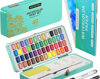 Watercolor Paint Set, 48 Vivid Colors Travel Set in Portable Tin Box Including Metallic and Fluorescent Colors