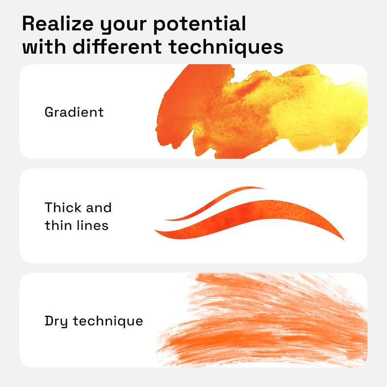 May include: An educational graphic with the text Realize your potential with different techniques. It displays three orange watercolor examples: a gradient wash, thick and thin lines, and a dry brush technique, each labeled accordingly.