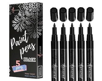 Black Paint pens for rock painting, stone, ceramic, glass. Extra fine point tip, Set of 5 black acrylic paint markers.