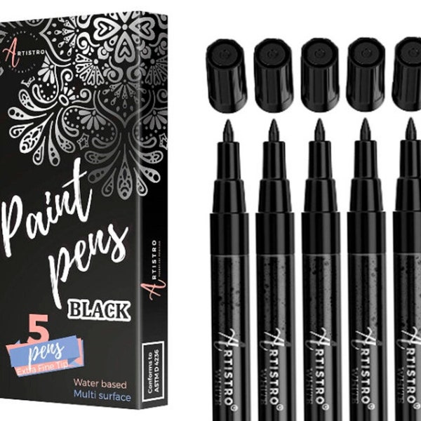 Black Paint pens for rock painting, stone, ceramic, glass. Extra fine point tip, Set of 5 black acrylic paint markers.