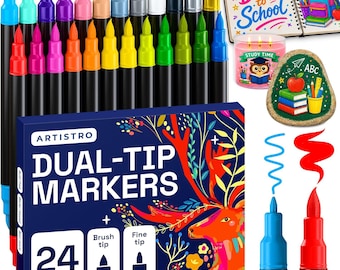 24 Acrylic Paint Pens Dual Tip Brush + Fine, Acrylic Paint Markers, Fabric Markers for Textile, Canvas, Rock, Glass, Wood, Paper, DIY