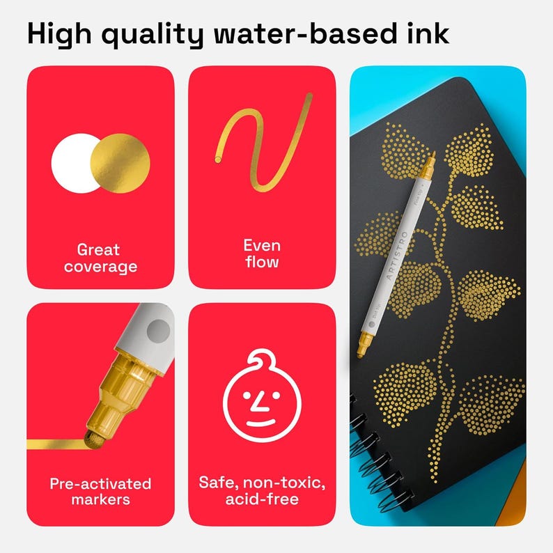 May include: Gold paint marker pens with a white cap and a gold tip. The image shows the marker pens on a red background with text that says "Pre-activated markers", "Great coverage", "Even flow", and "Safe, non-toxic, acid-free". The image also shows a black notebook with a gold leaf design drawn with the marker pens.
