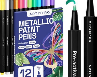 12 Acrylic Metallic Paint Pens for Glass Marking, Rock Painting, Wood, Metal, Fabric, Canvas, Paper Scrapbooking, DIY, Craft, Card Making