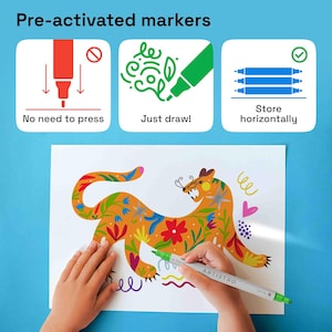 May include: A child's hand draws on a white sheet of paper with a green marker. The paper has a colorful illustration of a stylized orange jaguar with floral patterns. The image includes three icons showing how to use and store the markers. The icons say "No need to press", "Just draw!" and "Store horizontally".