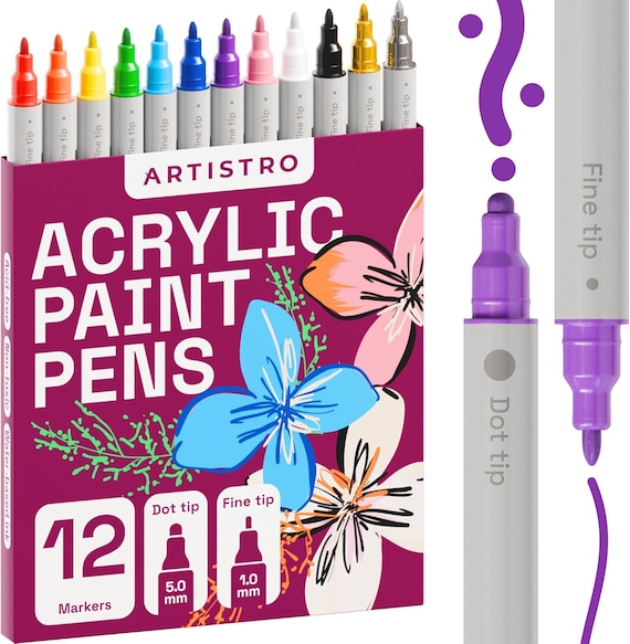 12 Acrylic Paint Pens Dual Tip Dot + Fine, Acrylic Paint Markers, Fabric Markers for Textile, Canvas, Rock, Glass, Wood, Paper, DIY