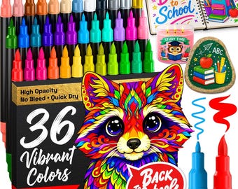 36 Acrylic Paint Pens Dual Tip Brush + Fine, Acrylic Paint Markers, Fabric Markers for Textile, Canvas, Rock, Glass, Wood, Paper, DIY