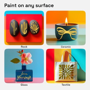 May include: A collage of images showing different surfaces that can be painted with gold paint. The surfaces include a rock, a ceramic candle holder, a glass vase, and a textile tote bag.