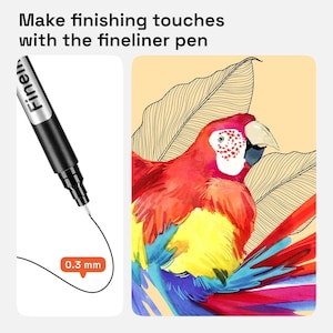 May include: A black fineliner pen with a 0.3 mm tip shown next to a colorful watercolor illustration of a parrot with red, yellow, and blue feathers against a background of line-drawn leaves. The text reads: Make finishing touches with the fineliner pen.