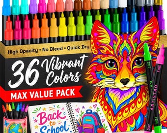 36 Acrylic Paint Pens Dual Tip Dot + Fine, Acrylic Paint Markers, Fabric Markers for Textile, Canvas, Rock, Glass, Wood, Paper, DIY