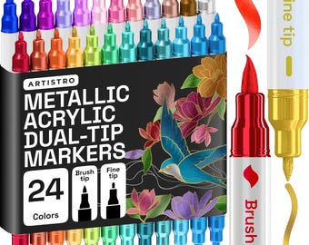 24 Metallic Dual Tip (Brush + Fine) Acrylic Paint Pens for Rock Painting, Kids Craft, Family painting, Kids activities, Wood Art, Glass Art
