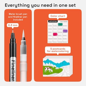 May include: An art set featuring a black 0.3 mm fineliner pen, a white water brush pen, an Artistro color palette chart, and five postcards for watercoloring. The text reads Everything you need in one set, Water brush pen and fineliner pen included, Color chart, and 5 postcards for watercoloring.