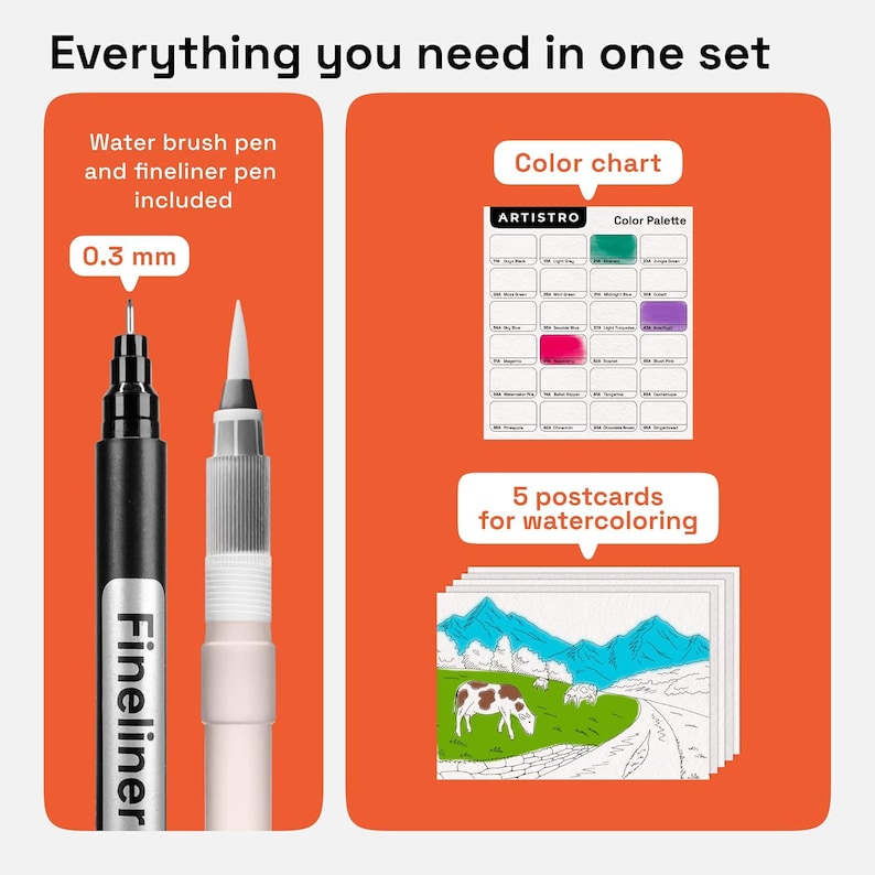 May include: An art set featuring a black 0.3 mm fineliner pen, a white water brush pen, an Artistro color palette chart, and five postcards for watercoloring. The text reads Everything you need in one set, Water brush pen and fineliner pen included, Color chart, and 5 postcards for watercoloring.
