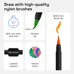 May include: A set of nylon brush markers featuring a 0.05-5 mm brush tip, flexible green and orange tips, and labeled barrels including 32A Cobalt. The markers are described as safe, non-toxic, and acid-free, producing vibrant colors for drawing.