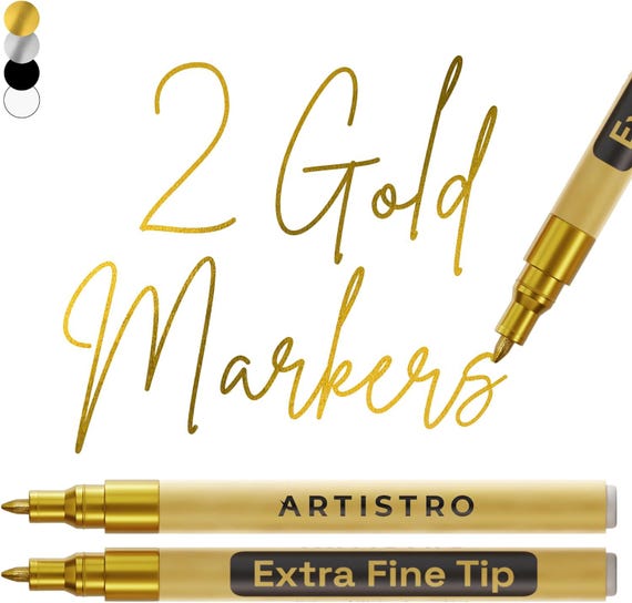 2 Gold Acrylic Paint Pens Extra Fine Tip for Rock Painting Ceramic Wood Glass Tire Plastic, Fabric Marker Paint Markers, 0.7mm