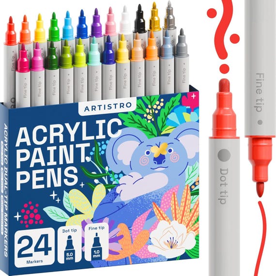 24 Acrylic Paint Pens Dual Tip Dot + Fine, Acrylic Paint Markers, Fabric Markers for Textile, Canvas, Rock, Glass, Wood, Paper, DIY