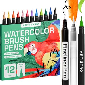 May include: A set of 12 Artistro watercolor brush pens in a green box featuring a parrot illustration. The set includes a black fineliner pen with a 0.3 mm tip, a white water brush pen, and a black brush pen with a green tip, alongside 12 colored pens.