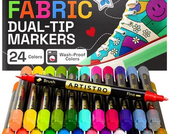 24 Dual-Tip Fabric Markers - Fabric Decorating Kit - Acrylic Paint Pens for Sneakers, Bags, Shoes, Textile, Canvas, DIY - Brush and Fine Tip