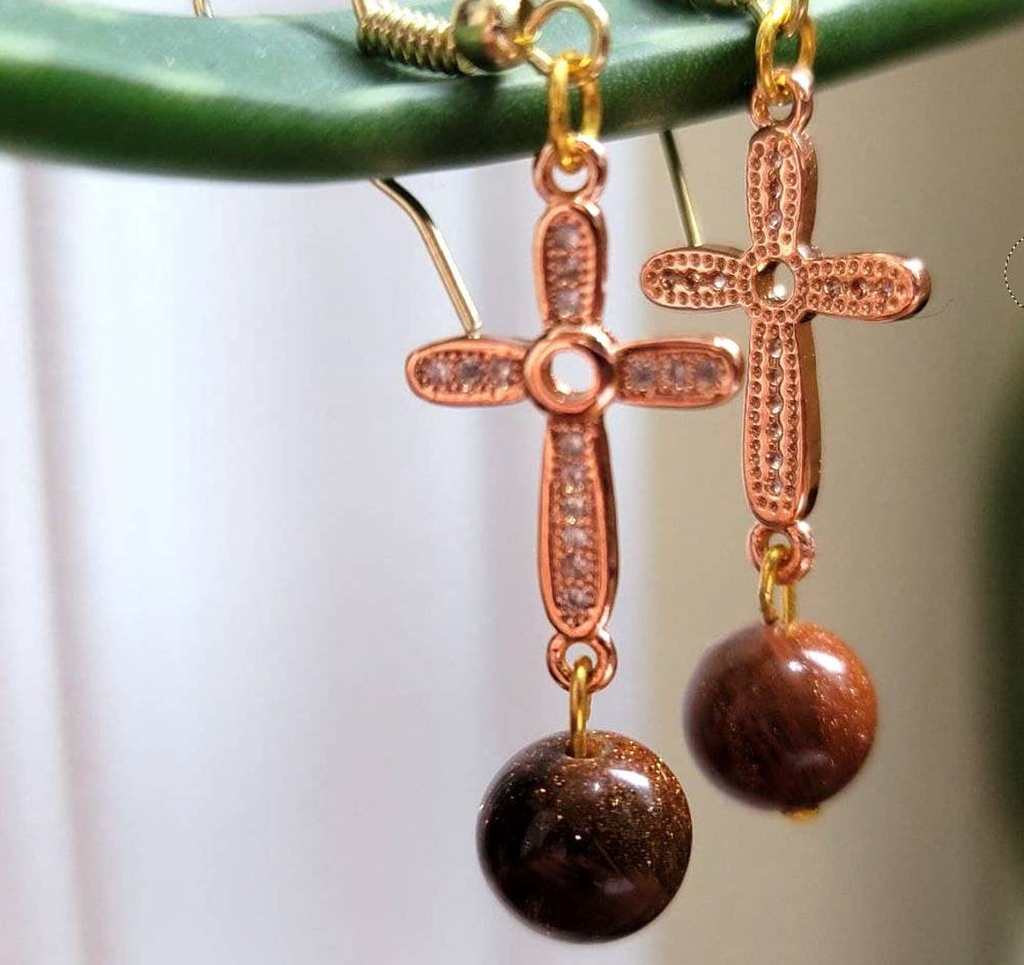 Goldstone Cross Dangling Earrings Etsy