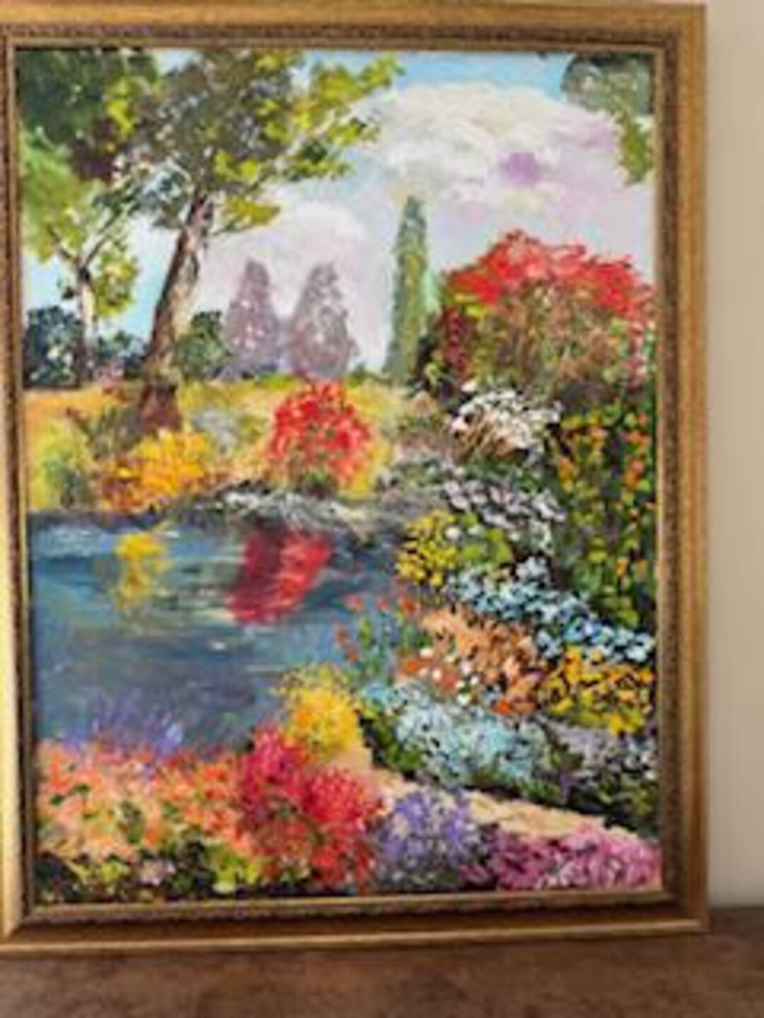 Vibrant Garden Pond Painting Print, Impressionist Floral Landscape Wall ...