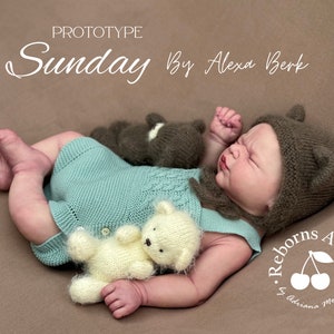 Puede incluir: Una mu&ntilde;eca reborn llamada "Sunday" de Alexa Berk, con un vestido de punto azul claro y un gorro marr&oacute;n con orejas de oso. La mu&ntilde;eca est&aacute; acostada con dos peque&ntilde;os osos de peluche. El texto "Prototype" y "Reborns A & A" son visibles.
