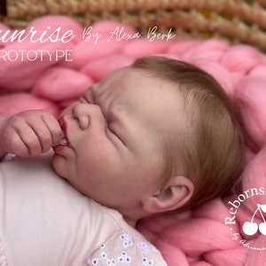 Puede incluir: Una mu&ntilde;eca beb&eacute; realista, con piel clara y cabello casta&ntilde;o claro, acostada sobre una manta rosa tejida. La mu&ntilde;eca lleva un vestido rosa claro. El texto "Sunrise Prototype" es visible en la imagen.