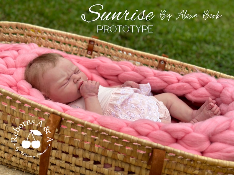 Puede incluir: Una mu&ntilde;eca beb&eacute; realista yace en una cesta tejida, sobre una gruesa manta de punto rosa. La mu&ntilde;eca lleva un atuendo claro con detalles de ojal. El texto "Sunrise By Alexa Berk Prototype" es visible.