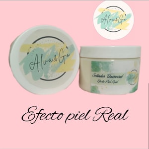 May include: A white jar with a green and yellow label that says "Alva & Go" and "Sellado Universal Efecto Piel Real". The jar is on a pink background.
