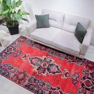 4x7 Rug, Area Rugs, Turkish Rugs for Bedroom, Vintage Wool Hand Knotted Rug, Red Tufted Rugs for Living room, Handmade Rug, 4'5" x 6'9"