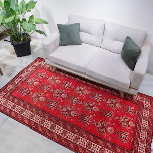 Persian Area Rugs, 4x7 Rug, Wool Vintage Hand Knotted Rugs for Living Room, Red Handmade Rugs for Bedroom and Kitchen, 3'11" x 6'11"