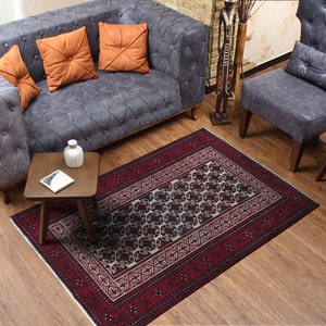 Turkish Area Rug 4x5 Living Room Rug Handmade Geometric Rug 
