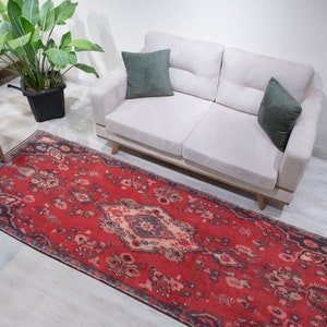 Vintage Turkish Wool Runner Rug: 3x9 Red Hallway Rug (3&#39; x 8&#39;10&quot;)
