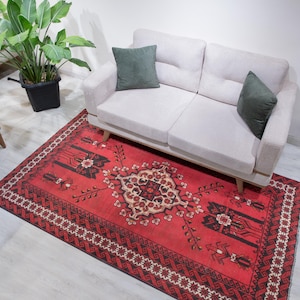 Turkish Area Rugs, 4x7 Rug, Hand Knotted Wool Vintage Rugs for Living Room, Red Bedroom and Kitchen Handmade Tufted Rug, 3'11" x 6'9"