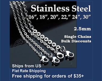 1/5/20/50/100 pcs - 16", 18", 20", 22", 24", 30" (2.5mm) Stainless Steel Necklace Chain - (Bulk/Wholesale/Finished Chain/Jewelry Making)