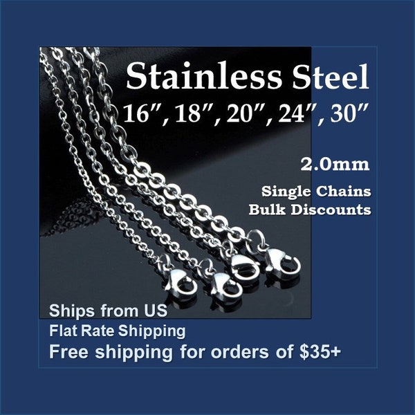 1/5/20/50/100 pcs - 16", 18", 20", 24", 30" (2mm) Stainless Steel Necklace Chain - (Single/Bulk/Wholesale/Finished Chain/Jewelry Making)