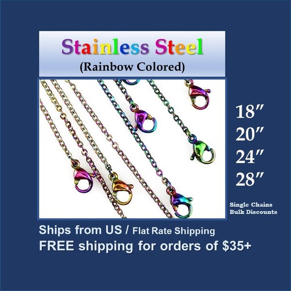 1/5/10/20/50/100 pcs - 18", 20", 24", 28" Rainbow Colored Stainless Steel Necklace Chain - (Bulk/Wholesale/Finished Chain/Jewelry Making)