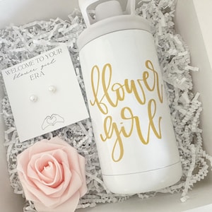 Benutzerdefinierte Blumenmädchen Vorschlag Geschenk-Box-Set Süßwasser Perle Ohrringe Blumenmädchen Junior Brautjungfer Box Becher personalisierte Braut Party Box