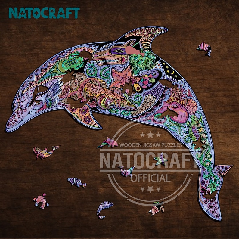 Awesome Artwork Dolphin Blissful Family Game,Kids /& Adults Puzzles,Premium Materials NatoCraft Wooden Jigsaw Puzzle Ideal Gifts for Kids