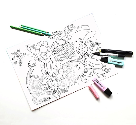 Printable Coloring Page Forest Animals on Branch - Etsy
