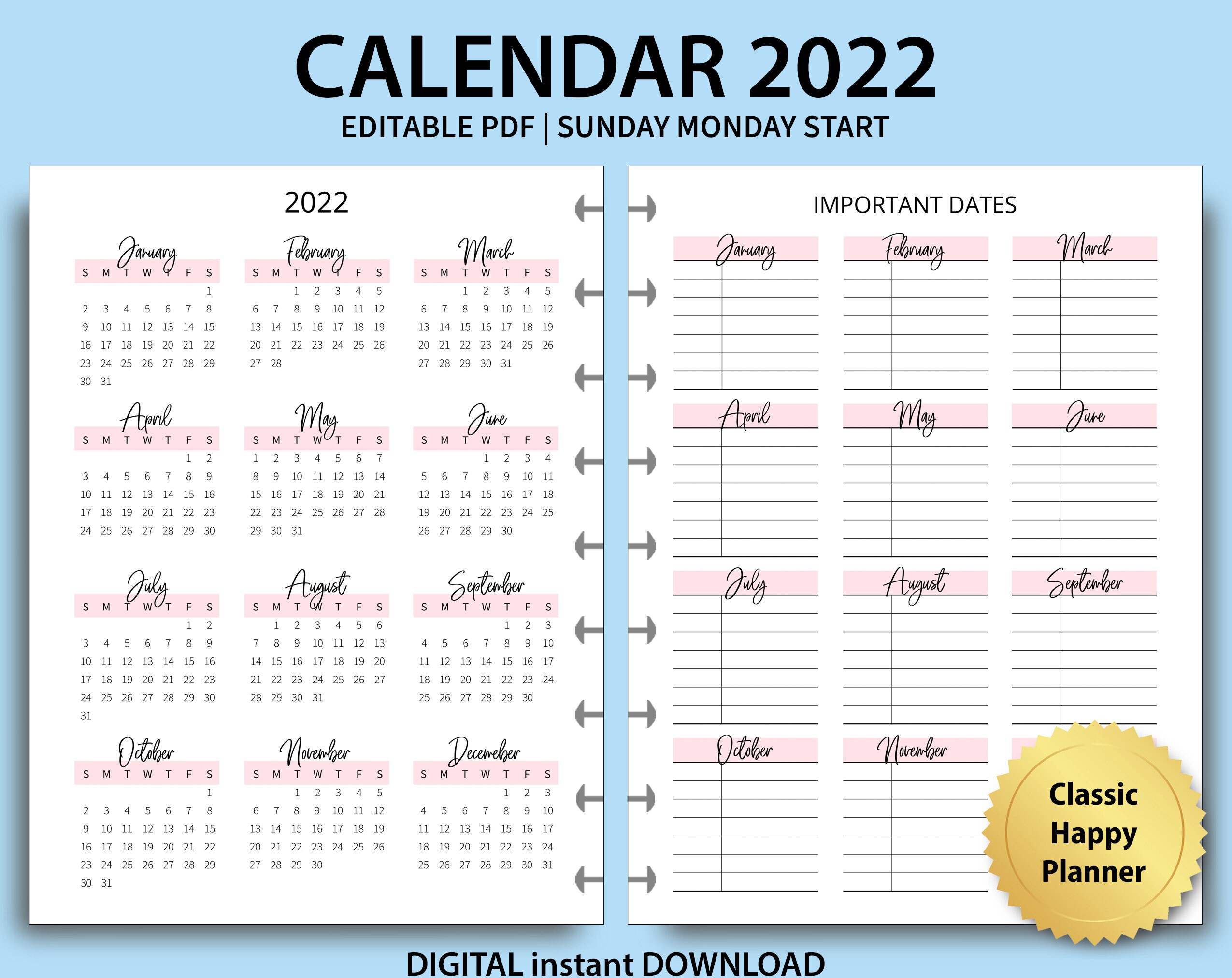 Editable 2022 Calendar Important Dates Planner Printable Etsy